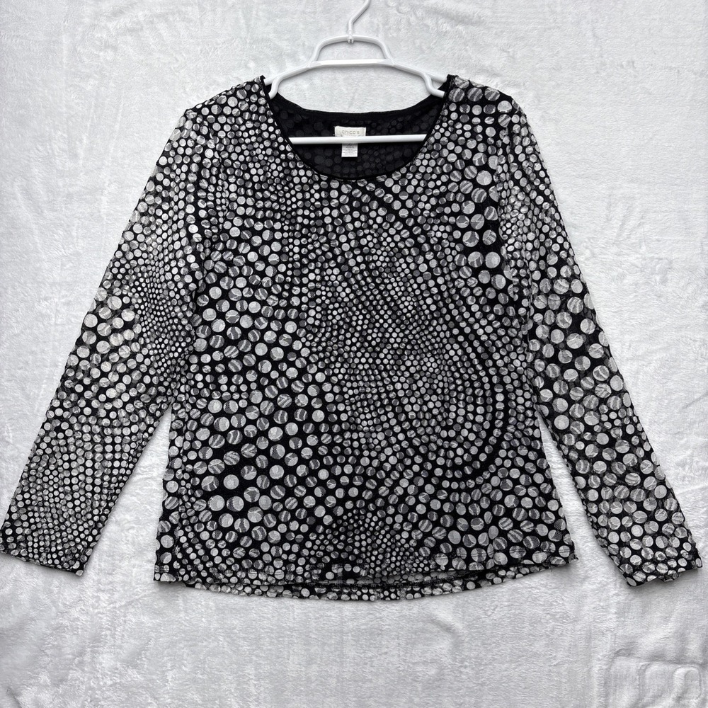 Chico's Y2K Burnout Mesh Top Sz 2 (Large) Black Silver Circle Print 2000s Boho